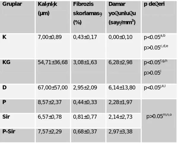 Tablo 3. Viseral periton kal ınlık, fibrozis ve damar yoğunlukları (ortalama ± SD)  