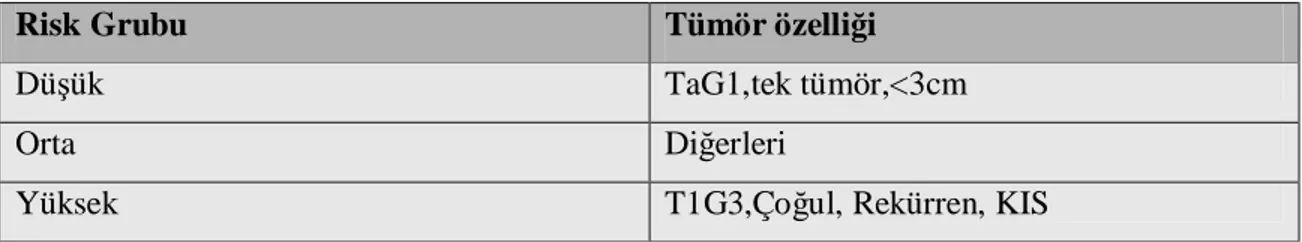 Tablo 6. Kasa İnvaze olmayan mesane tümörlerinde risk grupları  (EAU 2002) 