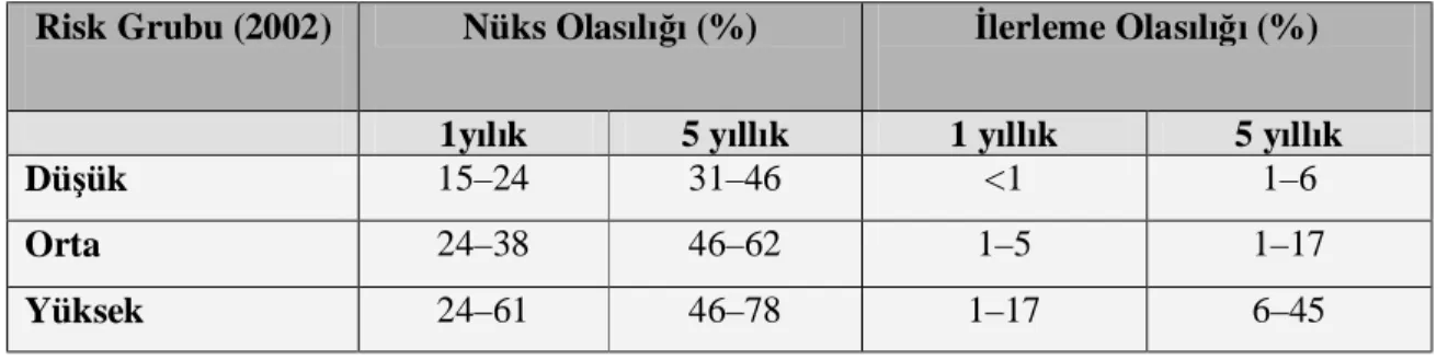 Tablo 7. EAU risk gruplarındaki risk ve ilerleme oranları 