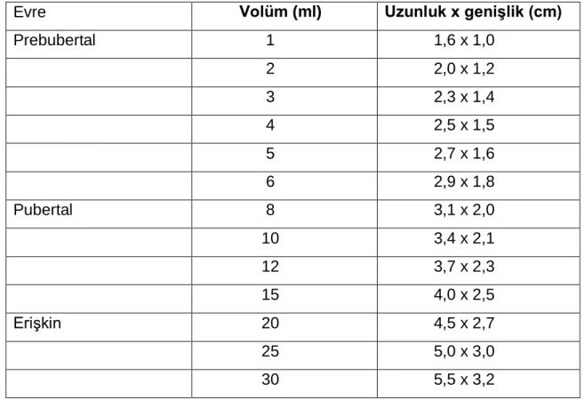 Tablo 2: Prepubertal, pubertal ve erişkin erkeklerde testis volüm ve boyutları 