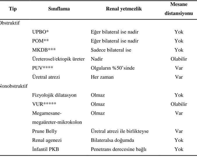 Tablo 1: Prenatal Ultrasonografide Tanınan Üriner Sistem Anomalileri 