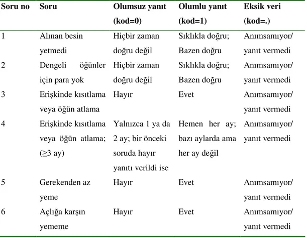 Tablo 13. Besin güvencesi ölçeği kısa formunun veri kodlaması 