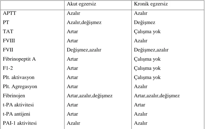 Tablo 2. Akut ve kronik egzersiz sonrası kan koagülasyon ve fibrinolitik sistemde meydana gelen değişim 