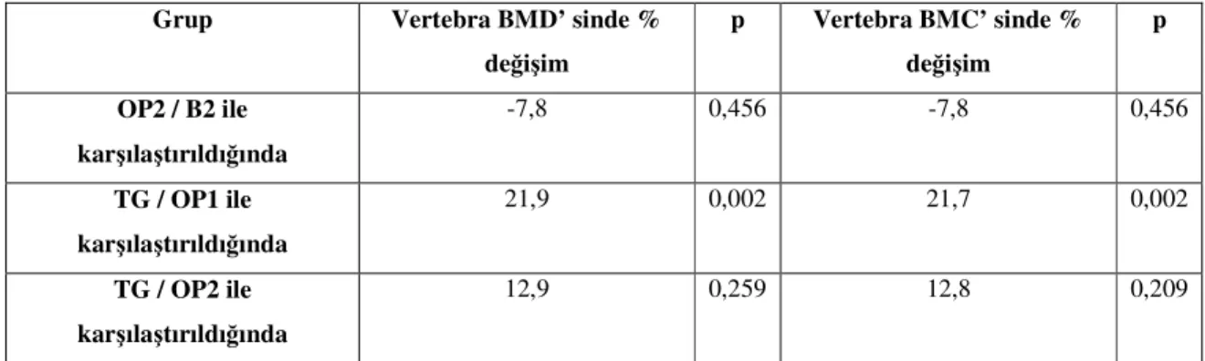 Tablo 8. Vertebra BMD ve BMC değerlerinin farklı  gruplar arasında  karşılaştırması 