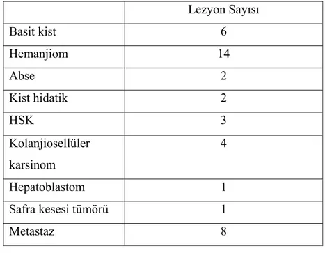 TABLO 1. Lezyonların tiplerine göre dağılımı 