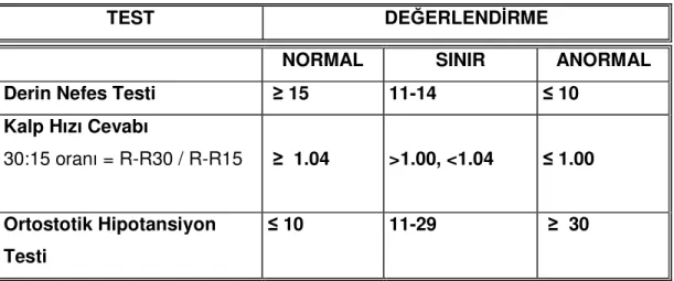 Tablo 1: Otonom nöropati testlerinin yorumlanması. 