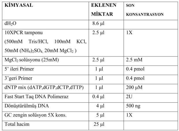 Tablo 3.10. Metilasyon özgül PCR reaksiyon içeriği:  KİMYASAL EKLENEN  MİKTAR  SON  KONSANTRASYON  dH 2 O   8.6 μl   10XPCR tamponu   (500mM Tris/HCl, 100mM KCl,  50mM (NH 4 ) 2 SO 4,  20mM MgCl 2  )   2.5 μl 1X  MgCl 2  solüsyonu (25mM)   2.5 μl 2.5  mM 