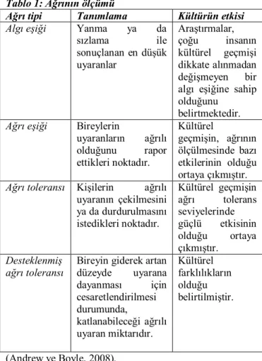 Tablo 1: Ağrının ölçümü 