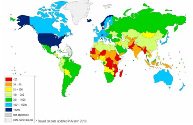 Şekil 7. 1000 Kişiye Düşen Hemşire ve Ebe Sayısı,  Seçilmiş Ülkeler, 2007 (WHO, 2010b)