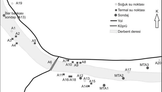 Şekil 1. Gediz Ilıca (Kütahya) jeotermal alanı sıcak ve soğuk suları örnekleme noktaları (ölçeksiz)  (Güneş, 2006) 