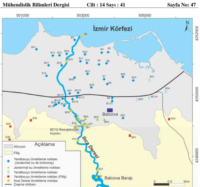 Şekil 2. Balçova (İzmir) jeotermal alanı jeoloji haritası ve sıcak-soğuk su örnekleme noktaları (Özer,  2005 ve Arık, 2005’den uyarlanmıştır.) 