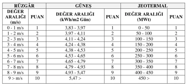 Çizelge 6. Puanlama tablosu 