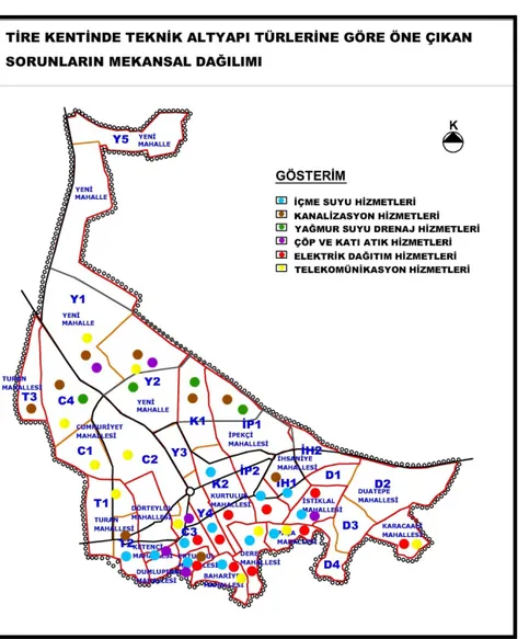 Şekil 3. Tire yerleşmesinde teknik altyapı türlerine göre öne çıkan sorunların mekansal  (mahallelere ve alt bölgelere)  dağılımı, (Erdin, 2009) 