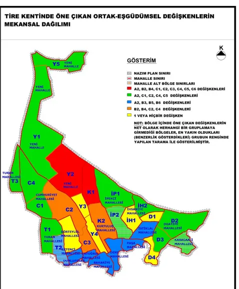 Şekil  7.  Tire  yerleşmesinde  öne  çıkan  ortak-eşgüdümsel  değişkenlerin  mahallelere ve bölgelere  dağılımı (Erdin, 2009) 