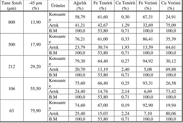 Çizelge 5. Davis Tüp Test Analiz Sonuçları  Tane Sınıfı  (µm)  -45 µm (%)  Ürünler  Ağırlık (%)  Fe Tenörü (%)  Cu Tenörü (%)  Fe Verimi (%)  Cu Verimi (%)  Konsantr e  58,79  61,60  0,30  67,31  24,91  Artık  41,21  42,67  1,29  32,69  75,09 800 13,90  B.