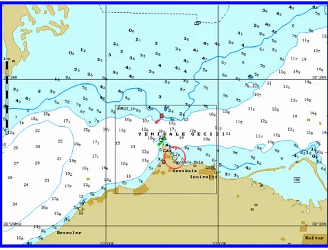 Şekil 3. Yenikale geçidi haritası ve karaya oturma olaylarının görüldüğü saha (Kaynak: Tsunamis 99  Transas sayısal harita programı) 