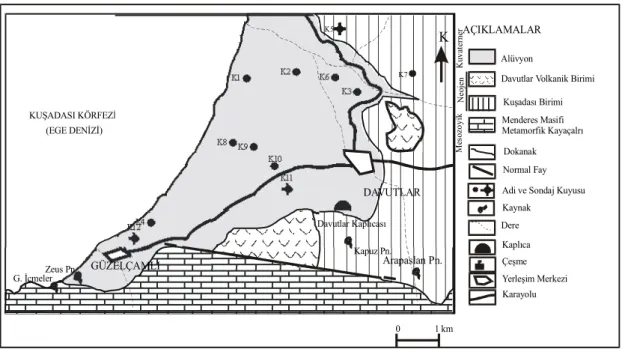 Şekil 2: İnceleme alanı ve çevresinin jeoloji haritası ve su noktalarının yeri 
