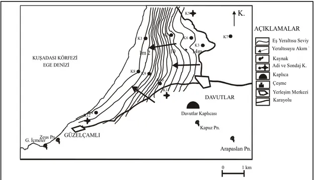 Şekil 3: Davutlar ve çevresinin eş yeraltı su seviye haritası (konturlar 1 metre aralıkla geçirilmiştir)