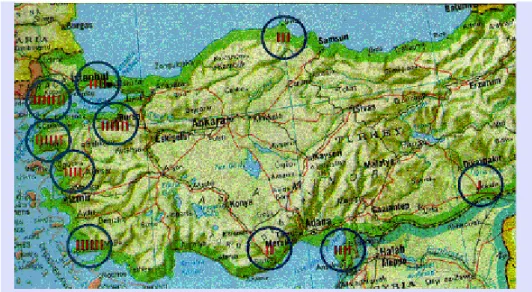Şekil 4. Türkiye’de rüzgar ölçümü yapılan alanlar (Klug, 2001; Ozgener, 2002a) 