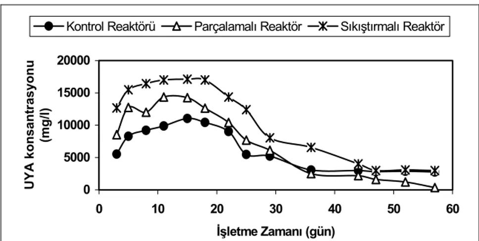 Şekil 3. Kontrol, Sıkıştırmalı ve Parçalamalı Reaktör Sızıntı Suyundaki UYA Değişimleri  3.3