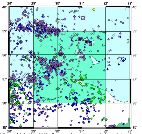 Şekil 1. Bölge içerisinde 1964–2002 yılları arasında meydana gelmiş depremlerin episantır dağılım  haritası (M≥4) (IRIS Incorporated Research Institutions for Seismology) 