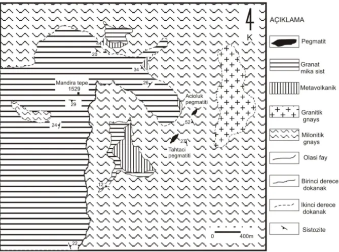 Şekil 2. Çine yöresindeki K-feldspat içeren Tahtacı ve Acıoluk pegmatitlerin jeolojisi (Oyman, 1996)