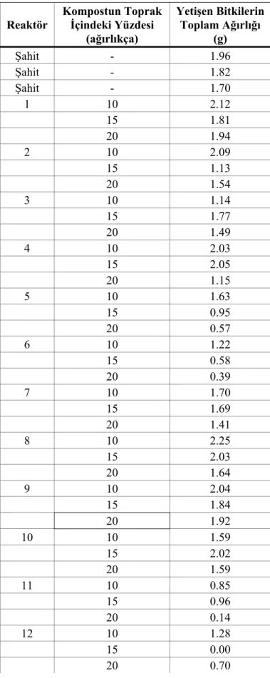 Çizelge 6. Bitki testi sonuçları  Reaktör  Kompostun Toprak İçindeki Yüzdesi  (ağırlıkça)  Yetişen Bitkilerin Toplam Ağırlığı (g)  Şahit -  1.96  Şahit -  1.82  Şahit -  1.70  1 10  2.12     15  1.81     20  1.94  2 10  2.09     15  1.13     20  1.54  3 10