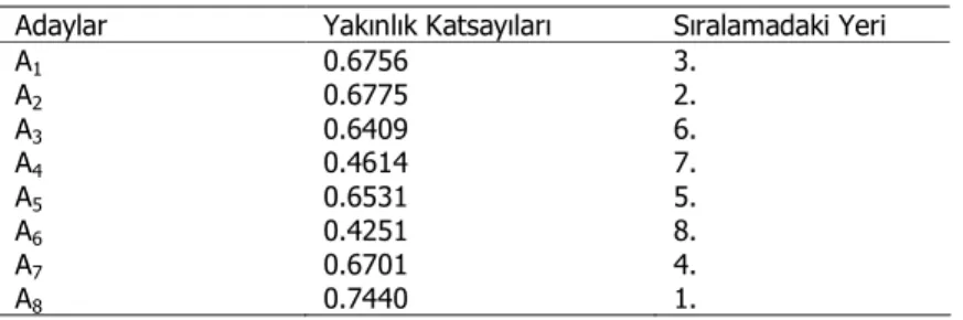 Tablo 9: Yakınlık Katsayıları ve Adayların Sıralamaları 