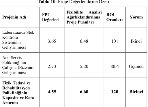 Tablo 10: Proje Değerlendirme Özeti 