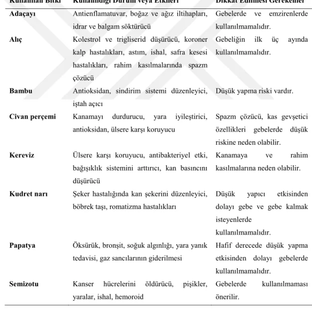 Tablo 4.3.4.1. Kullanılan bitkisel ürünler ve özellikleri 