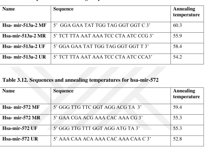 Table 3.12. Sequences and annealing temperatures for hsa-mir-572 