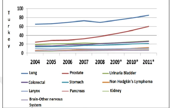 Figure  1.3  :  The  incidence  of  the  10  most  common  cancer  types  in  men  (the  incidence  at  100,000)