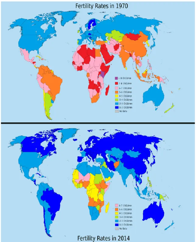 Şekil 1: 1970-2014 Dünya fertilite oranları (http://brilliantmaps.com/fertility-rates/) 