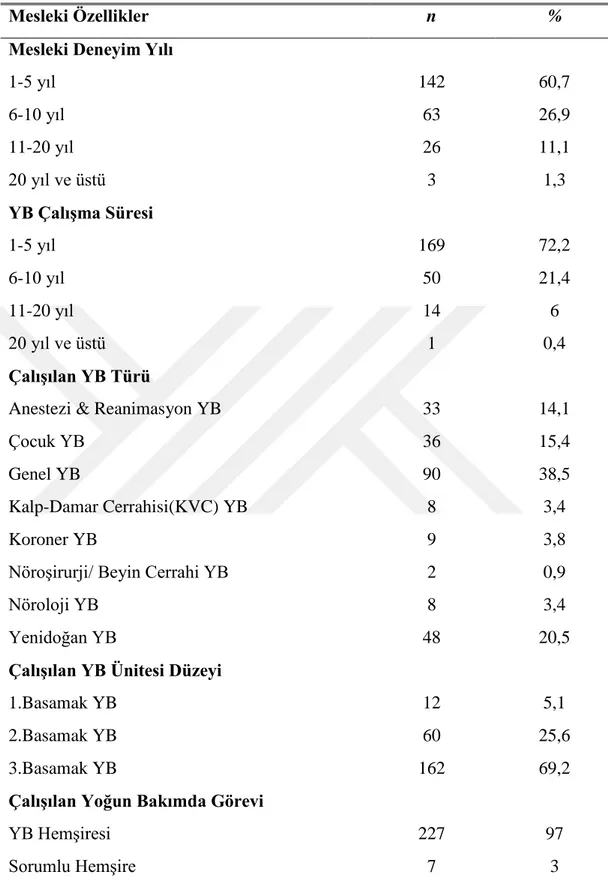 Tablo 4.2 : YB hemşirelerinin mesleki özelliklerinin dağılımı (N=234). 