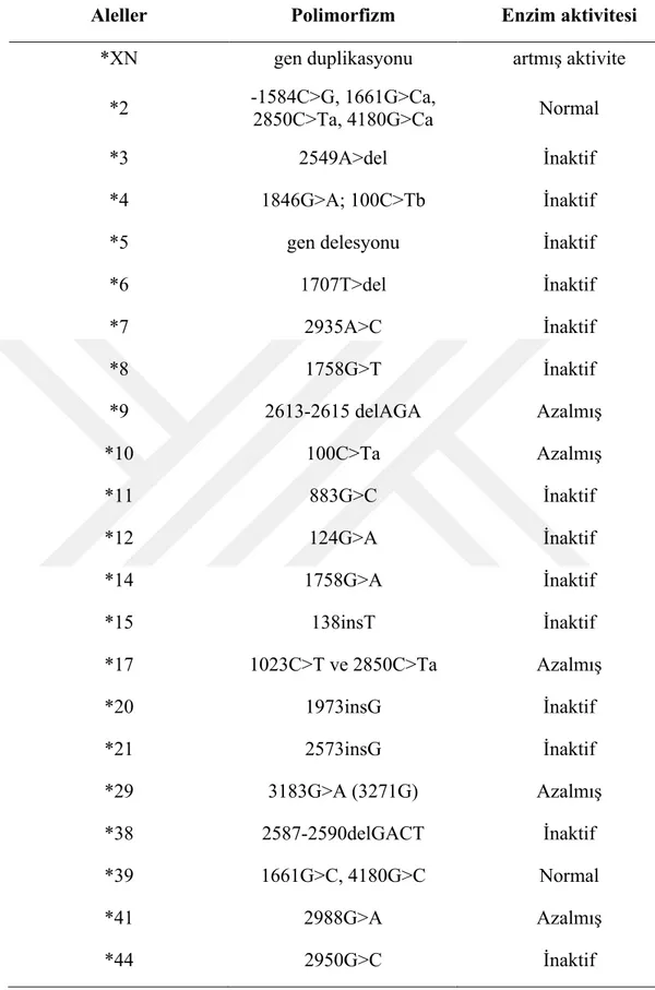 Tablo 2.5: CYP2D6 polimorfizm ve enzim aktivitesine etkisi 