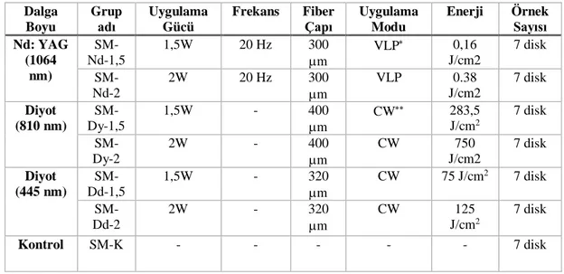 Tablo 3.1: S. mutans bakterisine ait gruplar ve uygulama parametreleri  Dalga  Boyu  Grup adı  Uygulama Gücü  Frekans  Fiber 