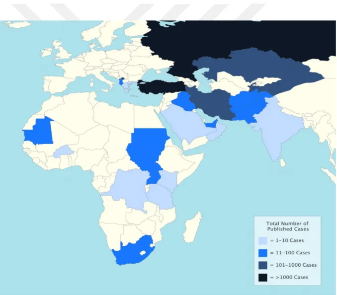 Fig 1-1. Number of reported cases of CCHF by country.The darkness of the coloration increases with case  numer as defined by the key (5) 