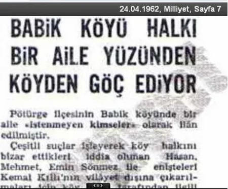 Foto 1: Babik (Gündüz) Köyü’nden göç haberi  (Kaynak: Milliyet Gazetesi, 24.04.1962)