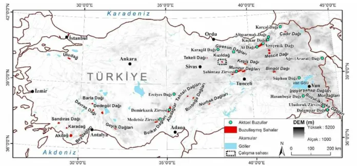 Şekil 1. Türkiye’de aktüel buzulların yer aldığı dağlar ve Kuvaterner’de buzullaşmaya uğramış alanlar (Bayrakdar vd., 2015’den değiştirilerek)