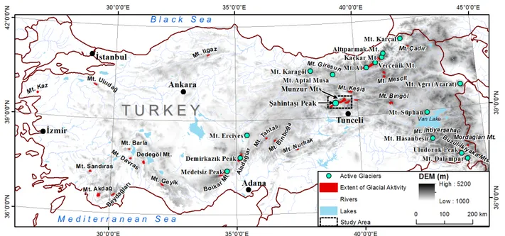 Figure 1. Active glaciers in Turkey and location of Munzur Mountains among the glaciated areas in Turkey.