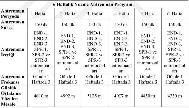 Tablo 3.1. Deney Grubuna Uygulanan Yüzme Antrenman Programı  6 Haftalık Yüzme Antrenman Programı 