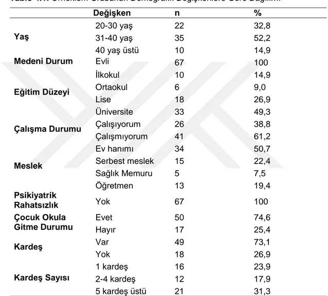 Tablo 4.1’de görüldüğü üzere örneklem grubunun%32’si 20-30 yaş, %52.2’si  31-40 yaş, %14.9’u 40 yaş ve üstü, %100 evli, %14.9’u ilkokul mezunu, %9’u ortaokul  mezunu,  %26.9’u  lise  mezunu,  %49.3’ü  üniversite  mezunu,  %38.8’i  çalıştığını,  %61.2’si  ç