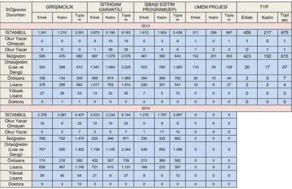 Tablo  13‟de  Türkiye  de  eğitim  durumuna  göre  iĢgücü  durumu  verilmektedir.  2013  senesinde  1  milyon  167  bin  okuryazar  olmayan,  15  milyon  932  bin  lise  altı  mezun, 2 milyon 963 bin lise, 2 milyon 820 bin meslek/teknik lisesi ve 5 milyon 