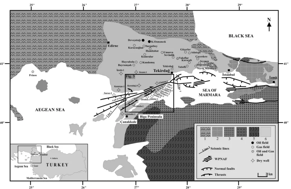 Fig. 1. Simpliﬁed regional geology of NW Turkey (modiﬁed from Turgut et al., 1991; Yılmaz et al., 1997; Okay and Tüysüz, 1999; Üşümezsoy, 2001; MTA, 2002; Armijo et al., 2002 ) and oil and gas ﬁelds, dry wells and seismic lines