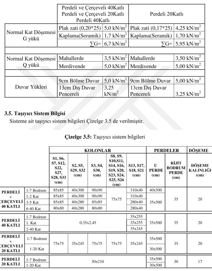 Çizelge 3.5:  Taşıyıcı sistem bilgileri 