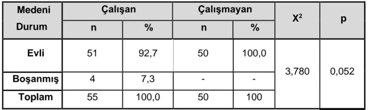 Tablo  3’te  annelerin  eğitim  düzeylerine  bakıldığında  çalışan  grupta  ilkokul  mezunu  2  (%3,6),  lise  mezunu  9  (%16,4),  lisans  mezunu  33  (%60)  ve  lisansüstü  mezunu 11 (%20), kişi vardır