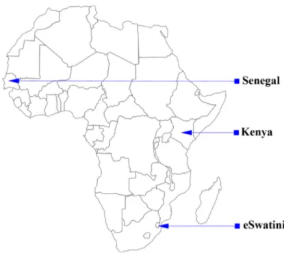 Figure 1. Sketch of Africa showing the location of Senegal (West Africa), Kenya (East Africa), and  Eswatini (Southern Africa)