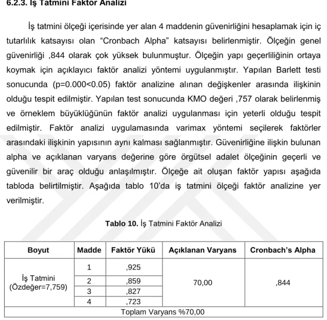 Tablo 10.  ĠĢ Tatmini Faktör Analizi  