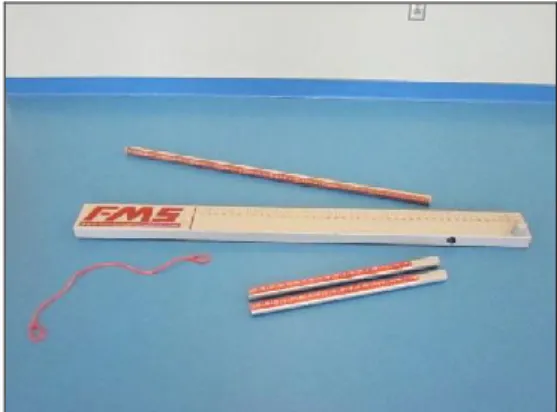 Figure 1: The four-foot dowel rod, two smaller rods, two-by-six board,  
