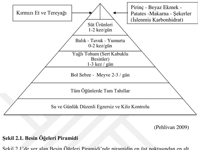 Şekil 2.1’de yer alan Besin Öğeleri Piramidi’nde piramidin en üst noktasından en alt  noktasına kadar dereceli olarak kullanımı artış gösteren besinler sıralanmıştır